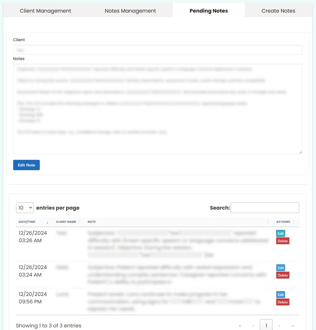 Pending Notes Edit Page
